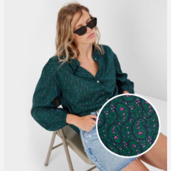 Gap 100% cotton Ruffle Neck Shirt in dark green paisley print size M - Picture 1 of 5